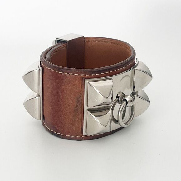 Hermès Collier De Chien CDC Bracelet Leather Brown Palladium Sz Small T1 Barenia - Picture 4 of 16